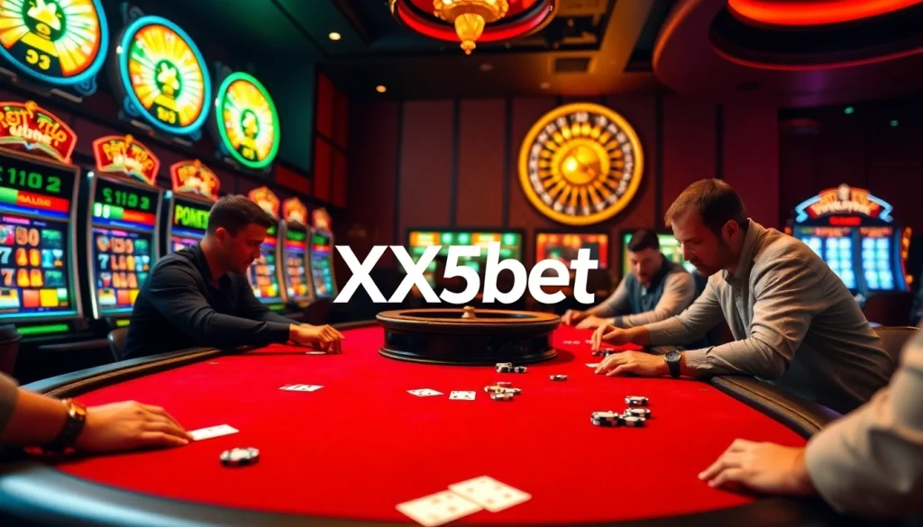 Exciting poker game at X5bet casino with vibrant slot machines in the backdrop.